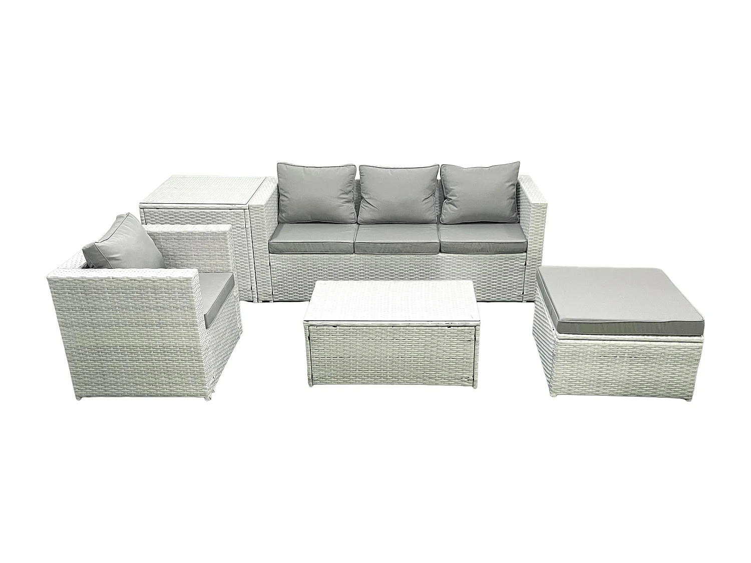 5 Stücke Rattan Gartenmöbel Set Garten Sofa Stuhl Couchtisch Set mit Beistelltisch 2 Großer Hockern Hellgrau gemischt