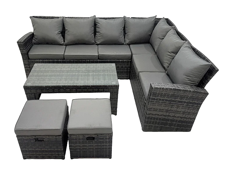 8 Seat Rattan Gartenmöbel Ecksofa Set Rattansofa Table Set mit 2 kleine Fußhockern Dunkelgrau Gemischt
