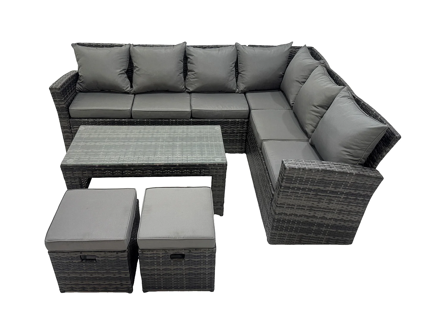 8 Seat Rattan Gartenmöbel Ecksofa Set Rattansofa Table Set mit 2 kleine Fußhockern Dunkelgrau Gemischt