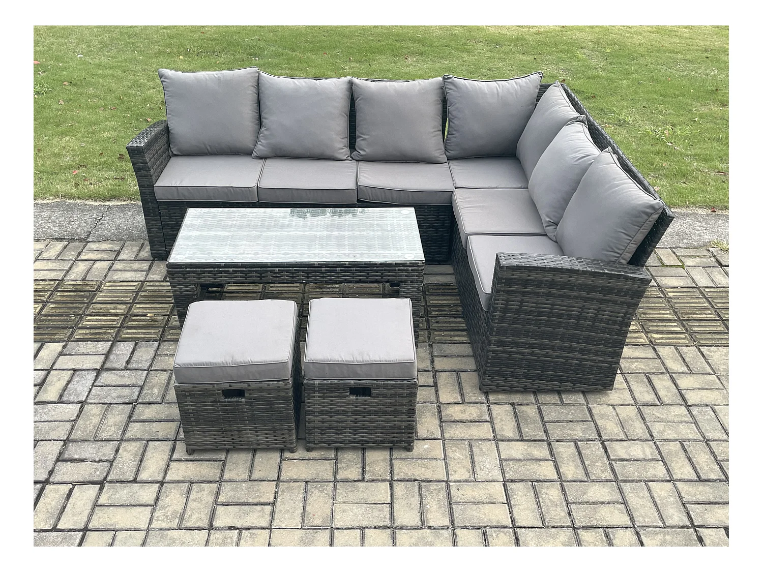 8 Seat Rattan Gartenmöbel Ecksofa Set Rattansofa Table Set mit 2 kleine Fußhockern Dunkelgrau Gemischt