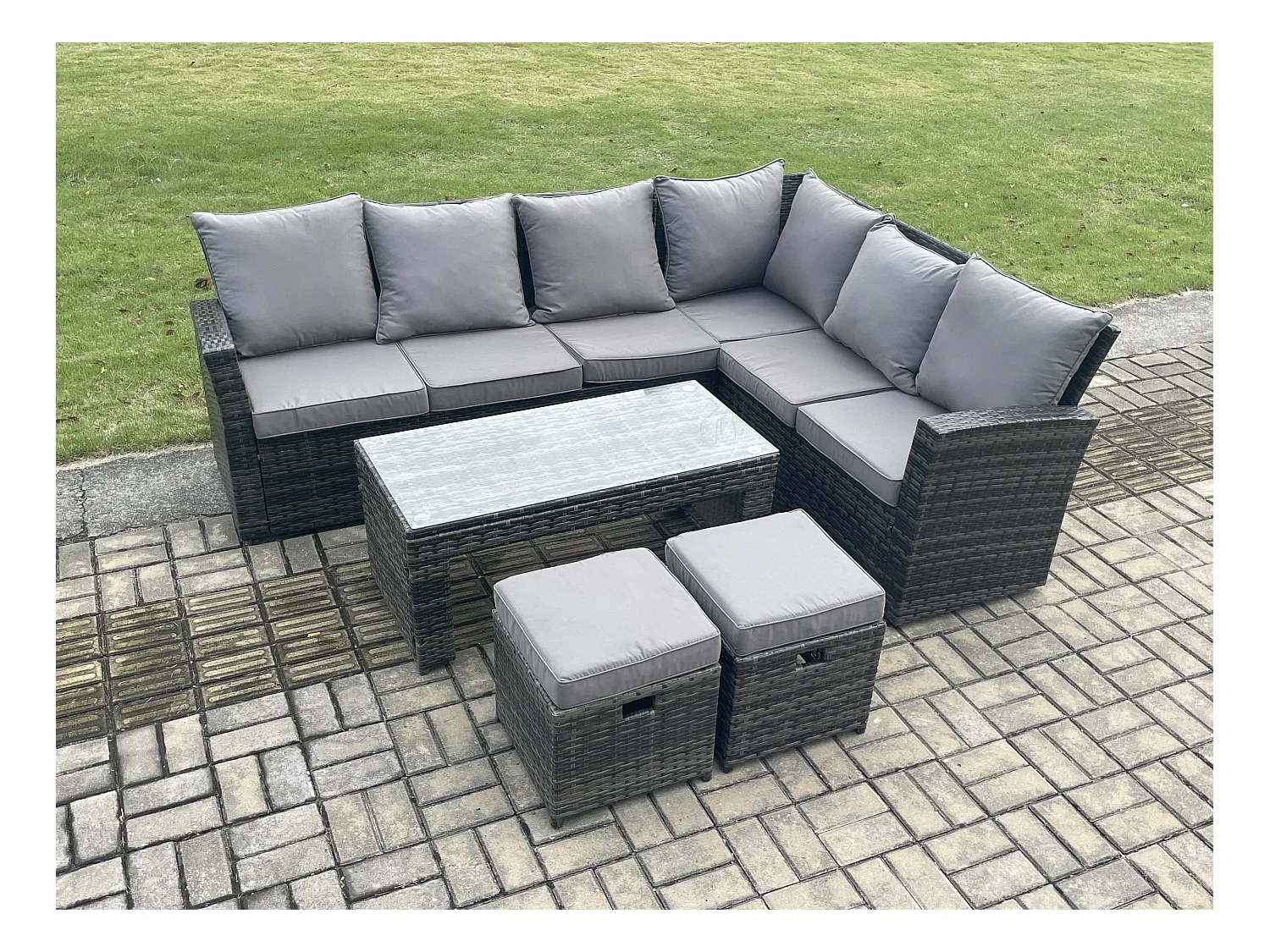 8 Seat Rattan Gartenmöbel Ecksofa Set Rattansofa Table Set mit 2 kleine Fußhockern Dunkelgrau Gemischt