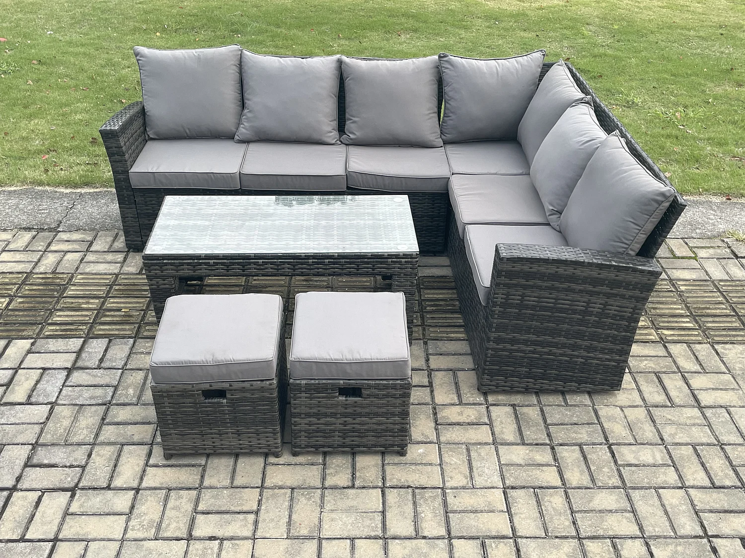 8 Seat Rattan Gartenmöbel Ecksofa Set Rattansofa Table Set mit 2 kleine Fußhockern Dunkelgrau Gemischt