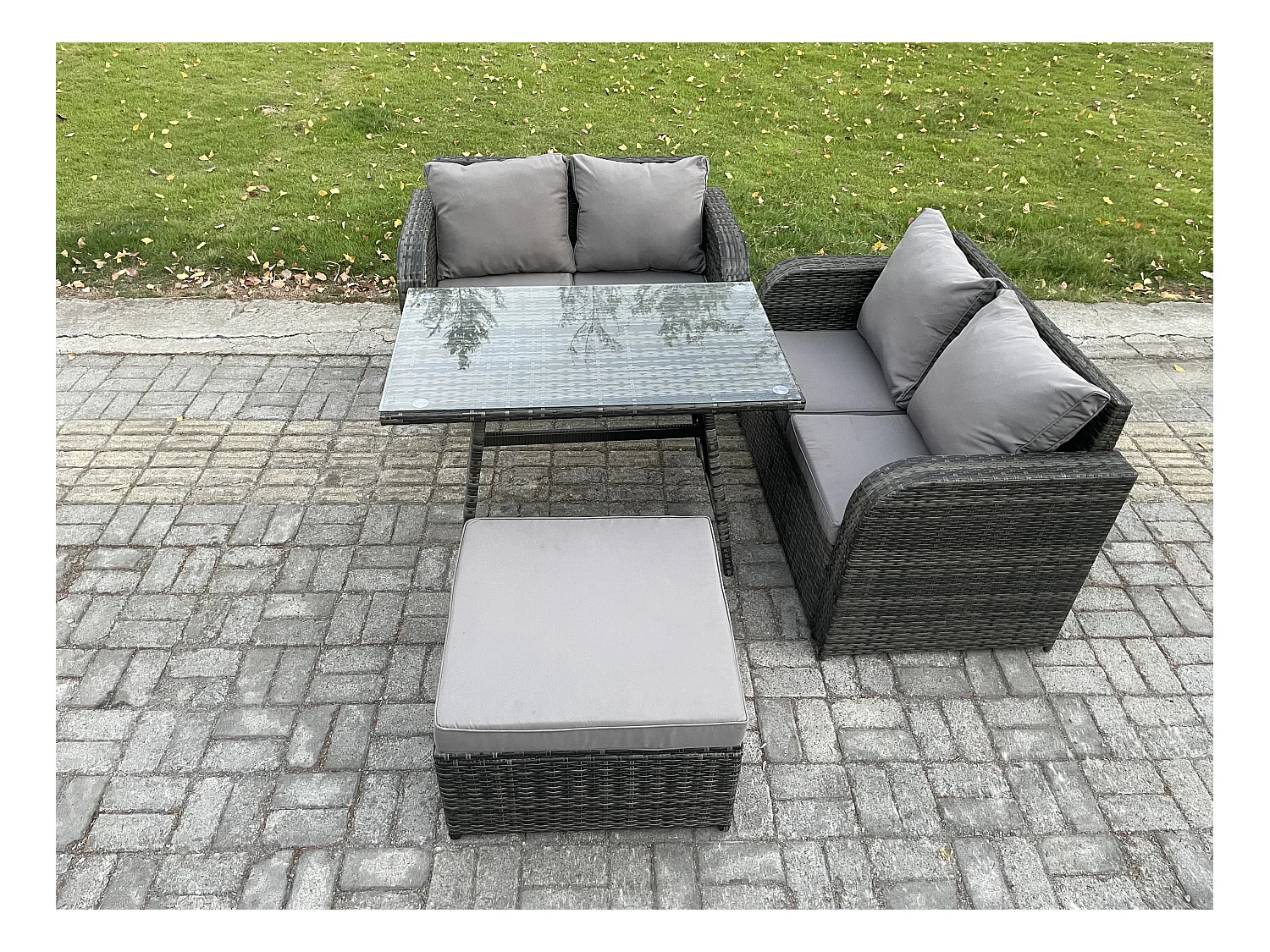 Ensemble de meubles de jardin en polyrotin 4 Pièces avec Table à manger rectangulaire Canapé d'amour Grand tabouret