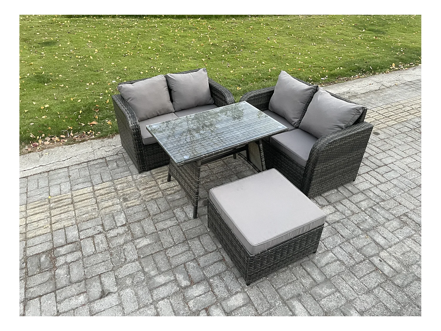 Ensemble de meubles de jardin en polyrotin 4 Pièces avec Table à manger rectangulaire Canapé d'amour Grand tabouret