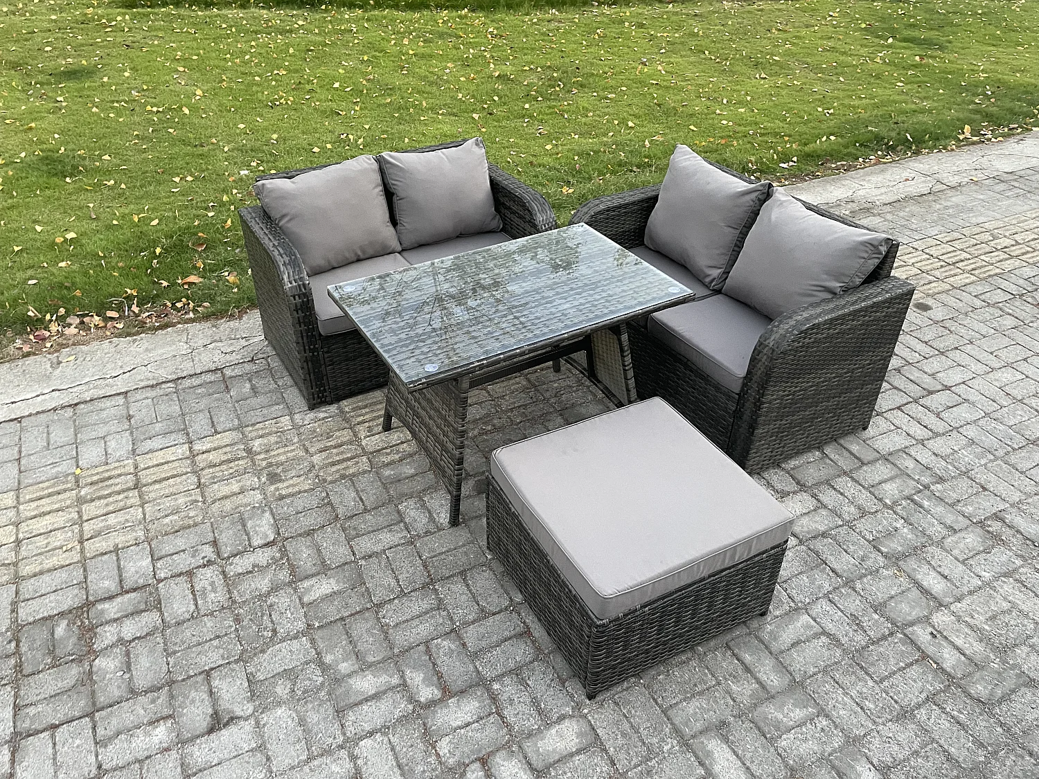 Ensemble de meubles de jardin en polyrotin 4 Pièces avec Table à manger rectangulaire Canapé d'amour Grand tabouret