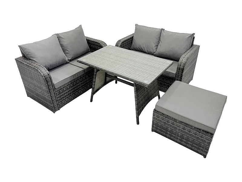 Ensemble de meubles de jardin en polyrotin 4 Pièces avec Table à manger rectangulaire Canapé d'amour Grand tabouret