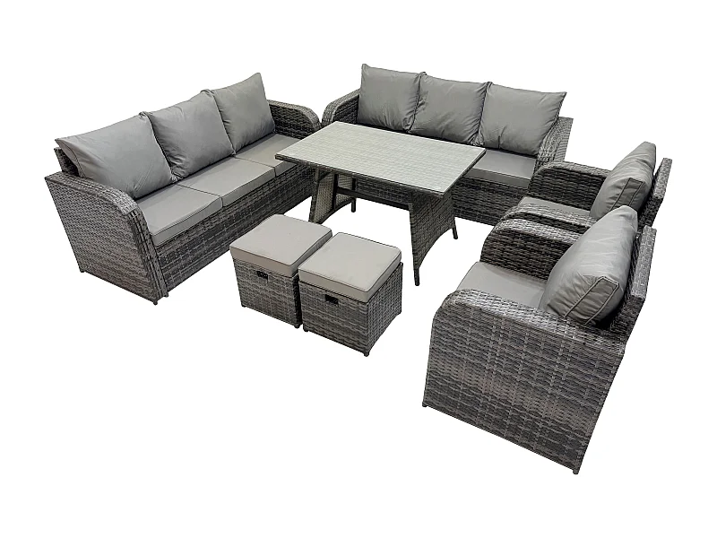 10-Sitzer Rattan Gartenmöbel Sofa Set Tisch & Stühle Set mit 3-Sitzer Sofa Rechteckiger Esstisch 2 kleinen Hockern Dunkelgrau Gemischt