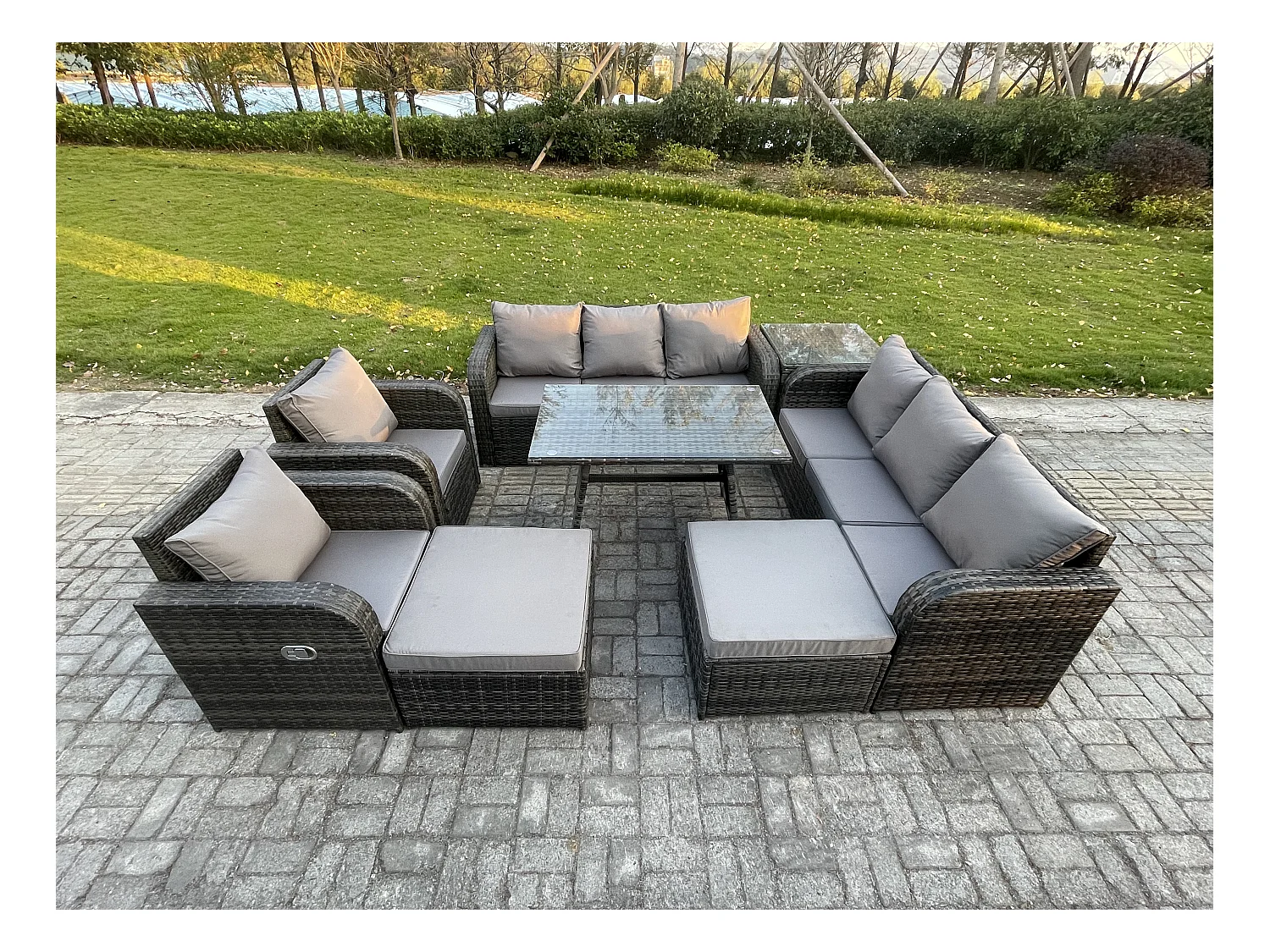 Garten Sofa im Freien Set Polyrattan Gartenmöbel Set mit Rechteckiger Esstisch Beistelltisch 2 hohen Hockern Dunkelgrau Gemischt