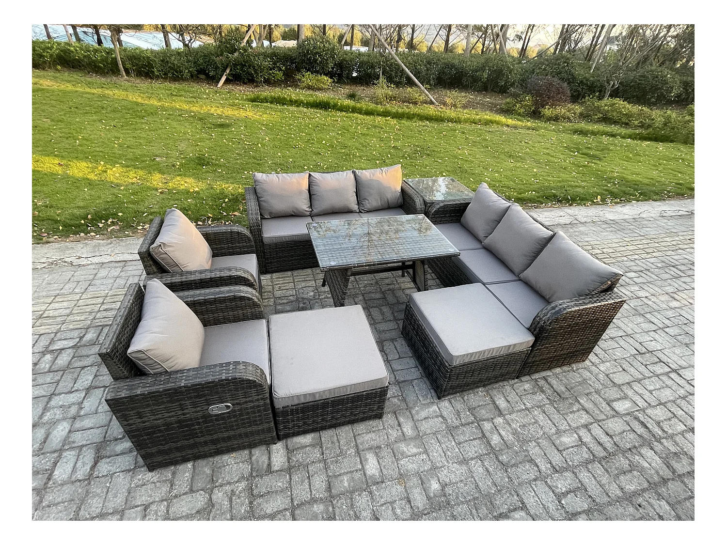 Garten Sofa im Freien Set Polyrattan Gartenmöbel Set mit Rechteckiger Esstisch Beistelltisch 2 hohen Hockern Dunkelgrau Gemischt