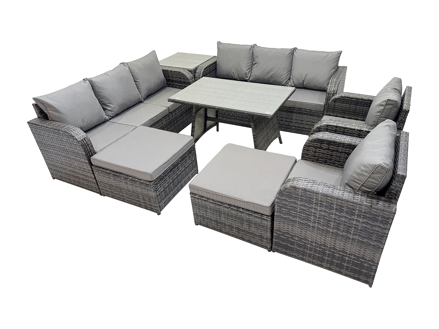 Ensemble de canapés en rotin Salon de jardin avec Table à manger rectangulaire Table d'appoint 2 Grand tabourets Gris foncé mixte