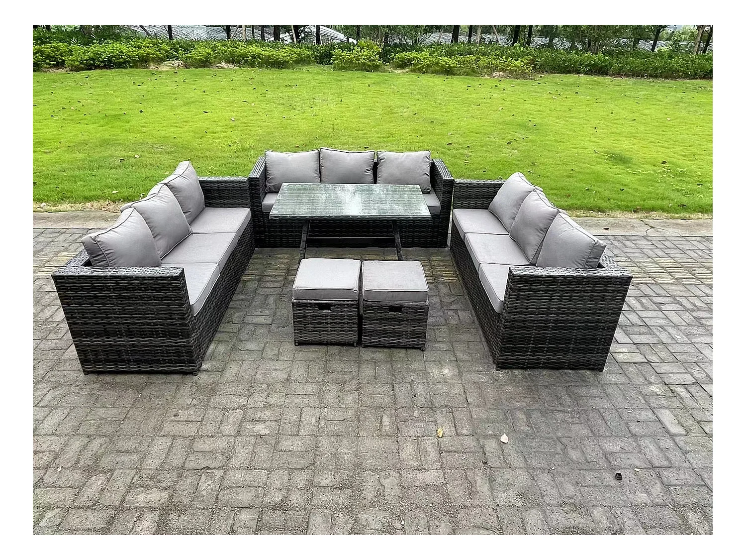 11-Sitzer Gartenmöbel Lounge Sofa Set mit Patio Esstisch 2 kleine Fußhockern Dunkelgrau Gemischt
