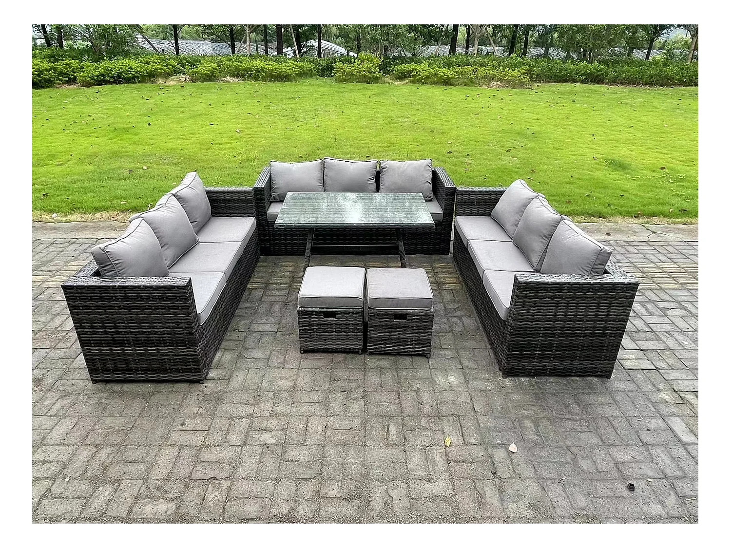 11-Sitzer Gartenmöbel Lounge Sofa Set mit Patio Esstisch 2 kleine Fußhockern Dunkelgrau Gemischt