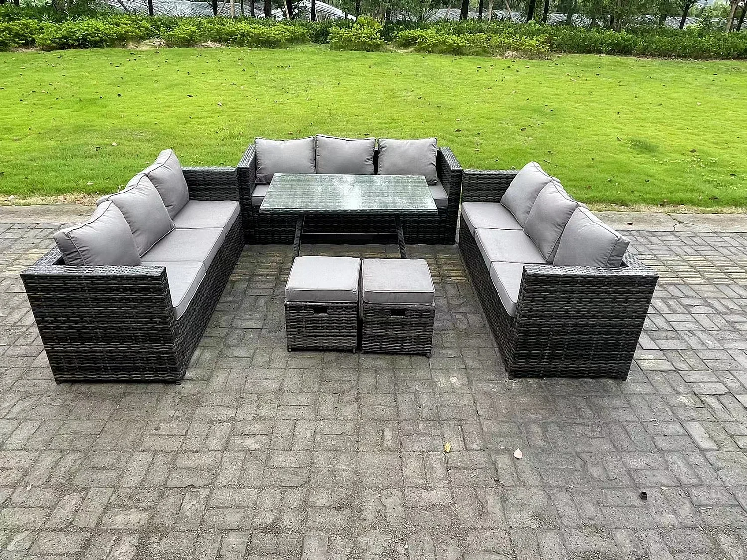 11 places Ensemble de canapé en rotin extérieur avec Patio Table à manger 2 Petits tabourets Gris foncé mixte