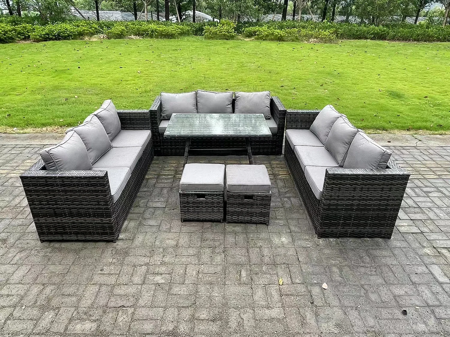 11 places Ensemble de canapé en rotin extérieur avec Patio Table à manger 2 Petits tabourets Gris foncé mixte