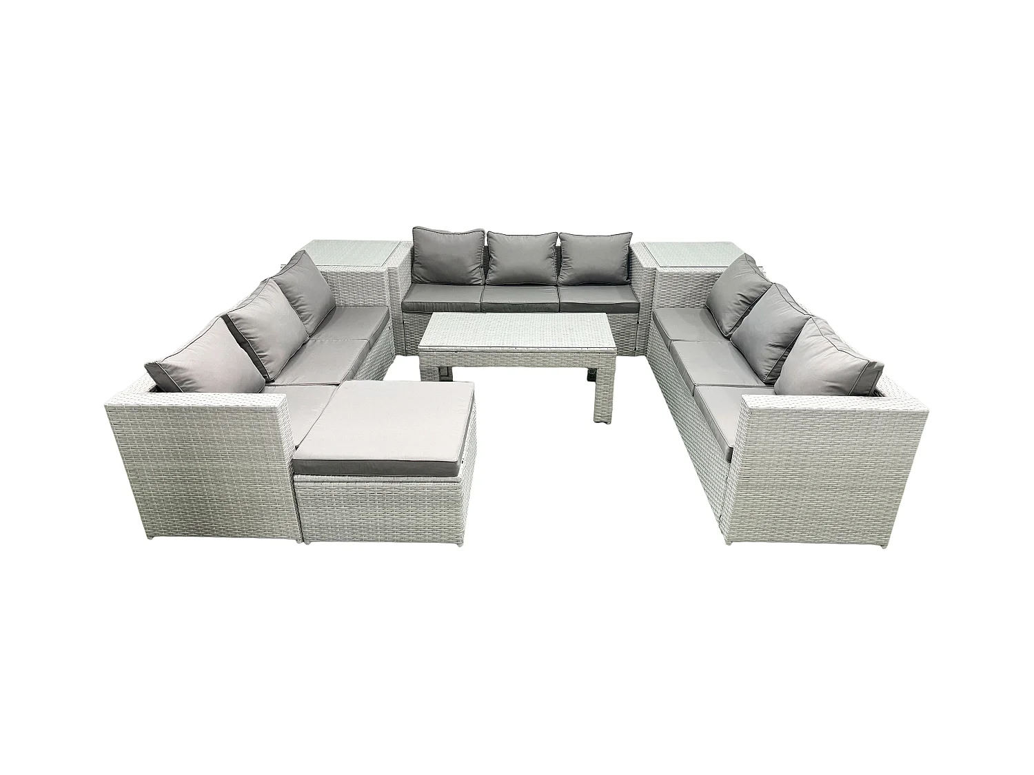 Ensemble de meubles d'extérieur en rotin 10 places avec Table basse oblongue Grand tabouret 2 Tables d'appoint Gris clair mixte