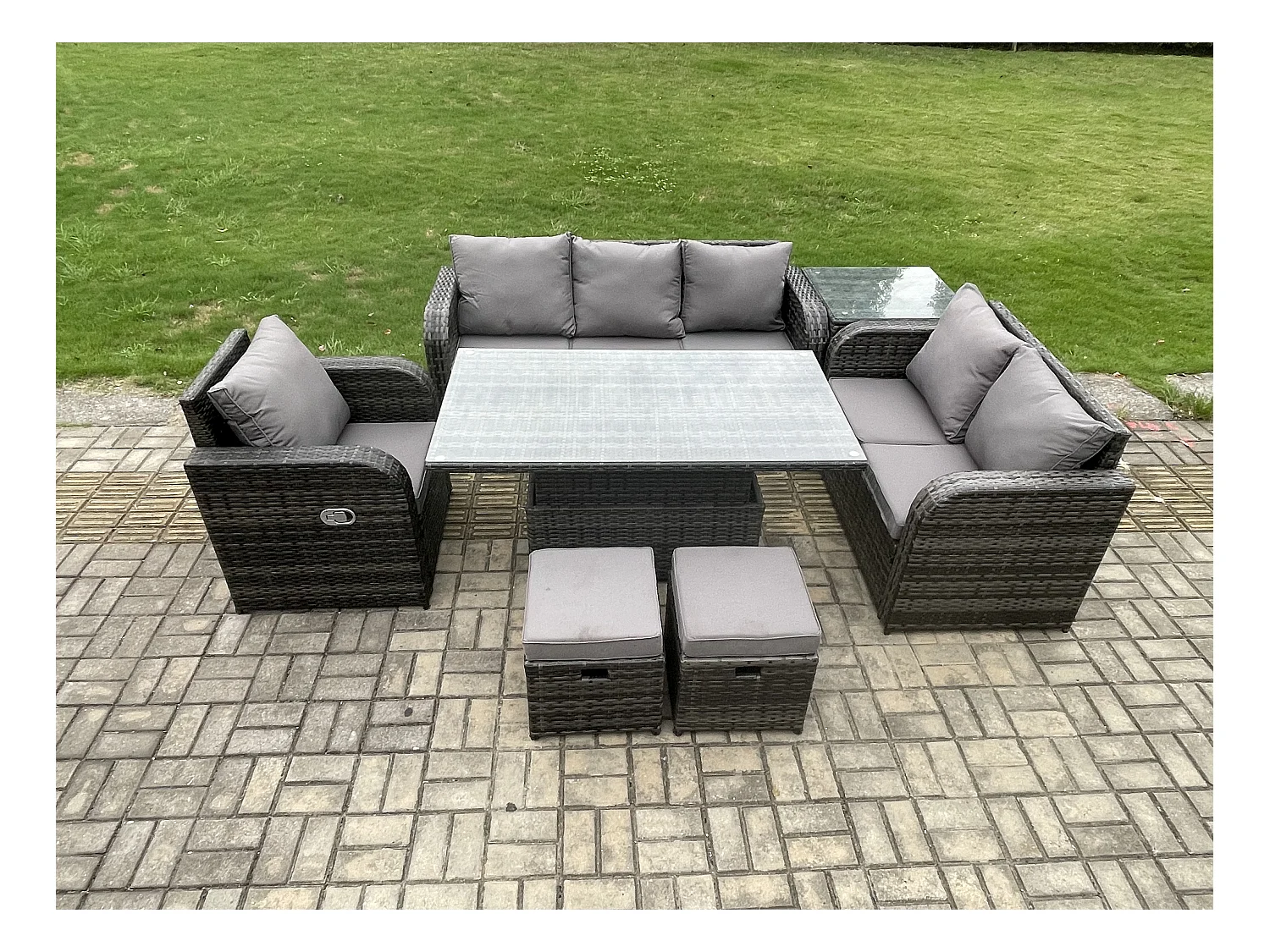 Salon de Jardin en Résine Ensemble Repas de Jardin Exterieur Table à manger réglable en hauteur Chaise inclinable Canapé avec Table d'appoint 2 Petits tabourets