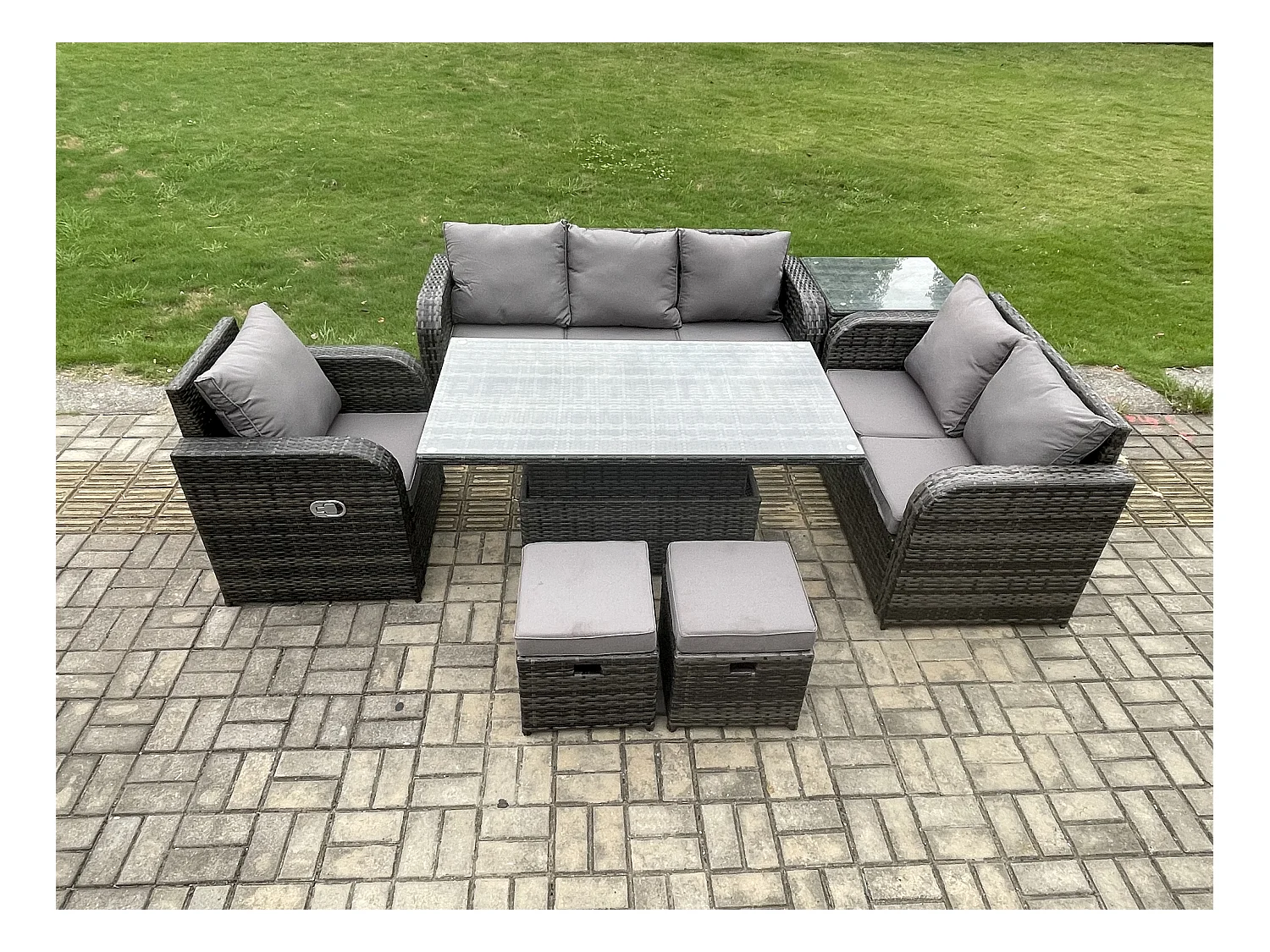 Salon de Jardin en Résine Ensemble Repas de Jardin Exterieur Table à manger réglable en hauteur Chaise inclinable Canapé avec Table d'appoint 2 Petits tabourets