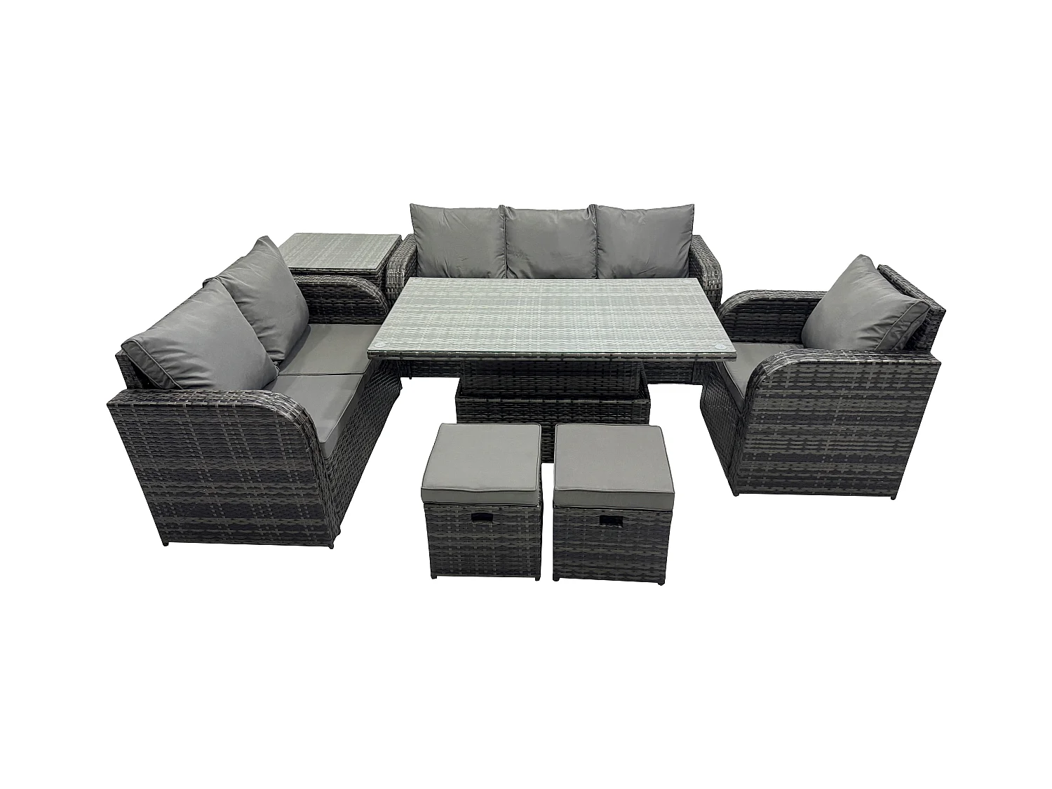 Rattan Gartenmöbel im Freien Patio höhenverstellbarer Tisch Liegestühle Sofa mit Beistelltisch 2 kleine Fußhockern Dunkelgrau Gemischt