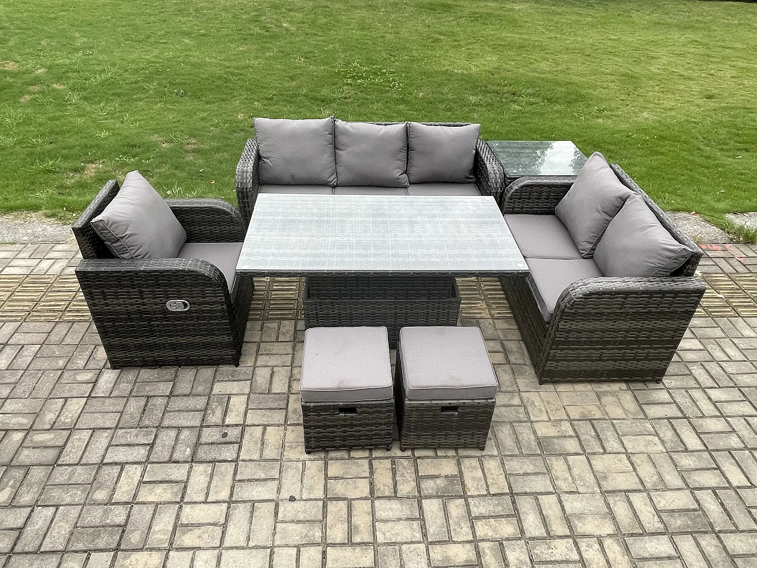 Salon de Jardin en Résine Ensemble Repas de Jardin Exterieur Table à manger réglable en hauteur Chaise inclinable Canapé avec Table d'appoint 2 Petits tabourets