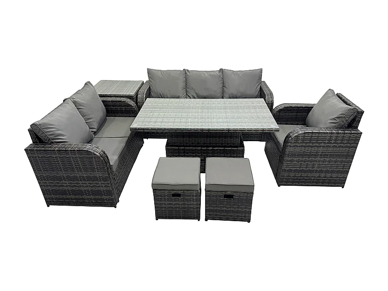 Salon de Jardin en Résine Ensemble Repas de Jardin Exterieur Table à manger réglable en hauteur Chaise inclinable Canapé avec Table d'appoint 2 Petits tabourets