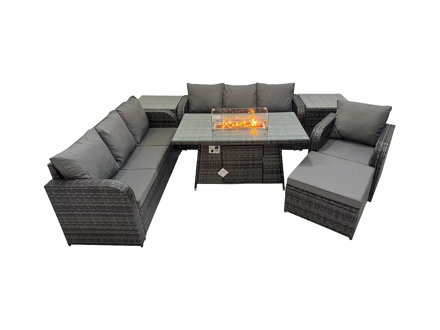 Ensemble Repas de Jardin Exterieur Table de foyer à gaz Chaise inclinable Canapé 3 places et avec Grand tabouret 2 Tables d'appoint 8 places