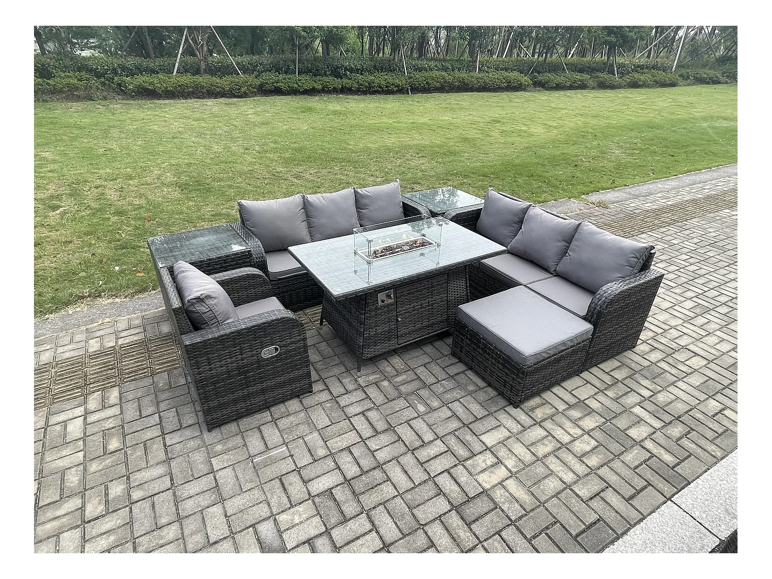 Ensemble Repas de Jardin Exterieur Table de foyer à gaz Chaise inclinable Canapé 3 places et avec Grand tabouret 2 Tables d'appoint 8 places