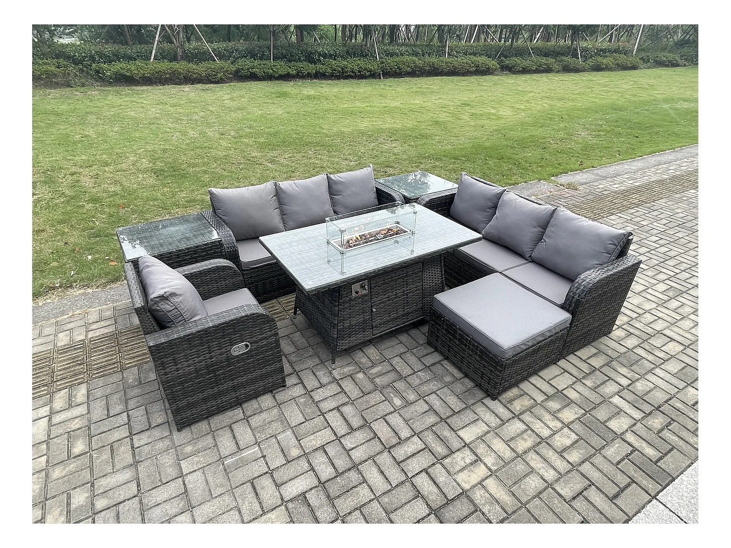 Ensemble Repas de Jardin Exterieur Table de foyer à gaz Chaise inclinable Canapé 3 places et avec Grand tabouret 2 Tables d'appoint 8 places