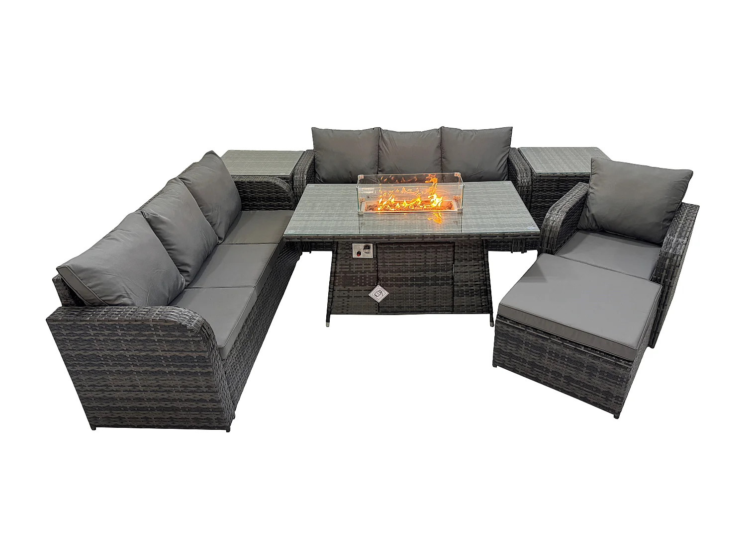 Ensemble Repas de Jardin Exterieur Table de foyer à gaz Chaise inclinable Canapé 3 places et avec Grand tabouret 2 Tables d'appoint 8 places