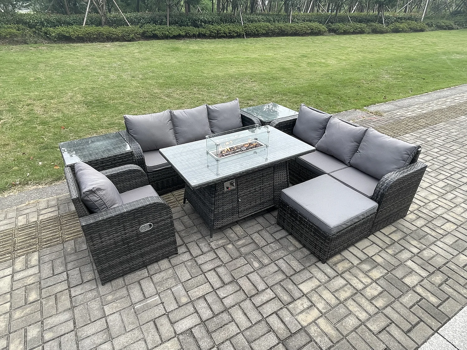 Ensemble Repas de Jardin Exterieur Table de foyer à gaz Chaise inclinable Canapé 3 places et avec Grand tabouret 2 Tables d'appoint 8 places