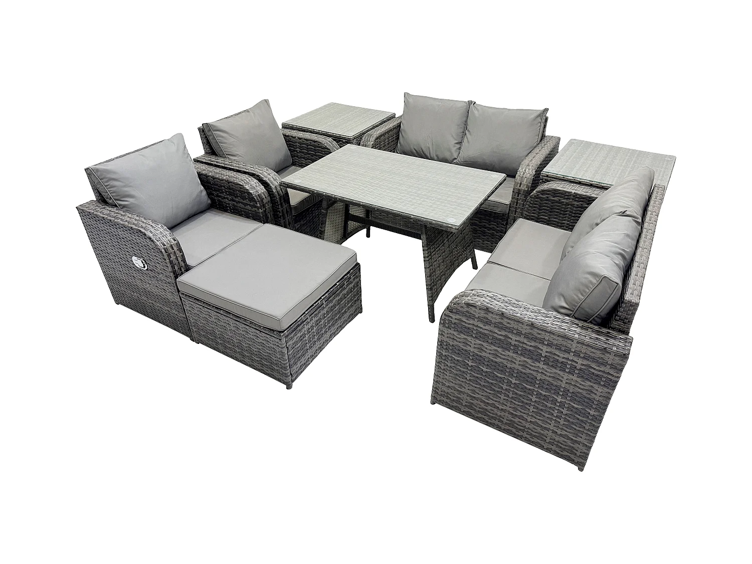 Ensemble de canapé en rotin extérieur avec Table à manger rectangulaire 2 Tables d'appoint Grand tabouret Gris foncé mixte