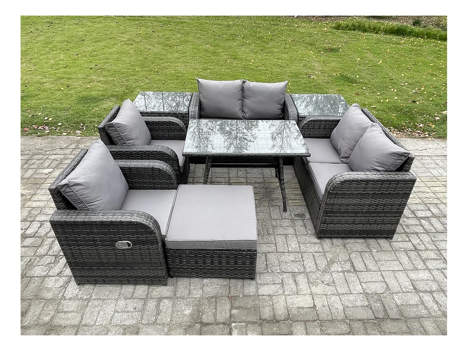 Ensemble de canapé en rotin extérieur avec Table à manger rectangulaire 2 Tables d'appoint Grand tabouret Gris foncé mixte