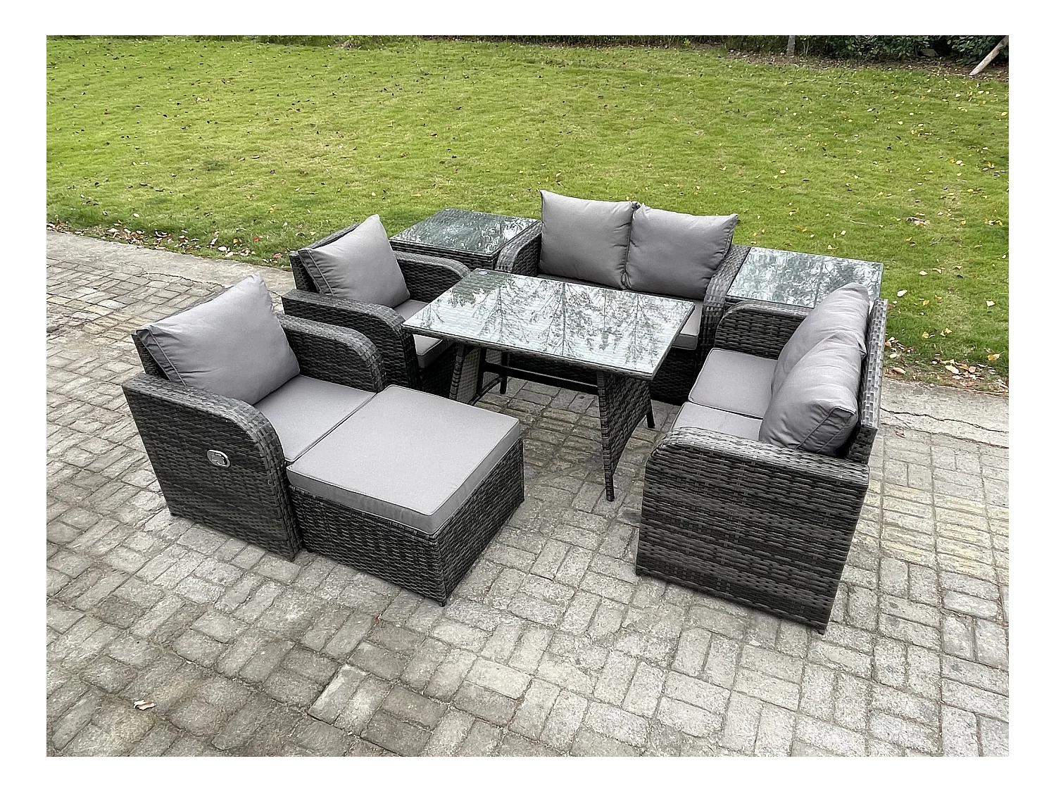 Ensemble de canapé en rotin extérieur avec Table à manger rectangulaire 2 Tables d'appoint Grand tabouret Gris foncé mixte