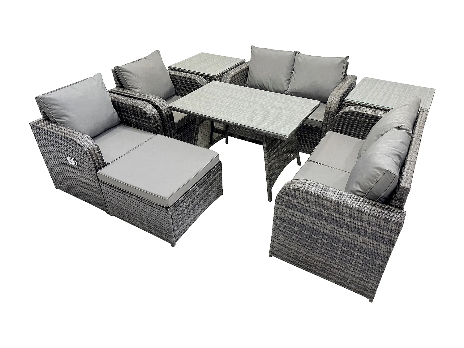 Polyrattan Garten Esstisch Set Gartenmöbel Sofa mit Rechteckiger Esstisch 2 Beistelltischen 2 Großer Hockern Dunkelgrau Gemischt