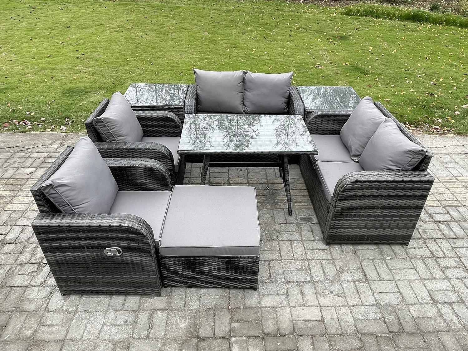 Polyrattan Garten Esstisch Set Gartenmöbel Sofa mit Rechteckiger Esstisch 2 Beistelltischen 2 Großer Hockern Dunkelgrau Gemischt
