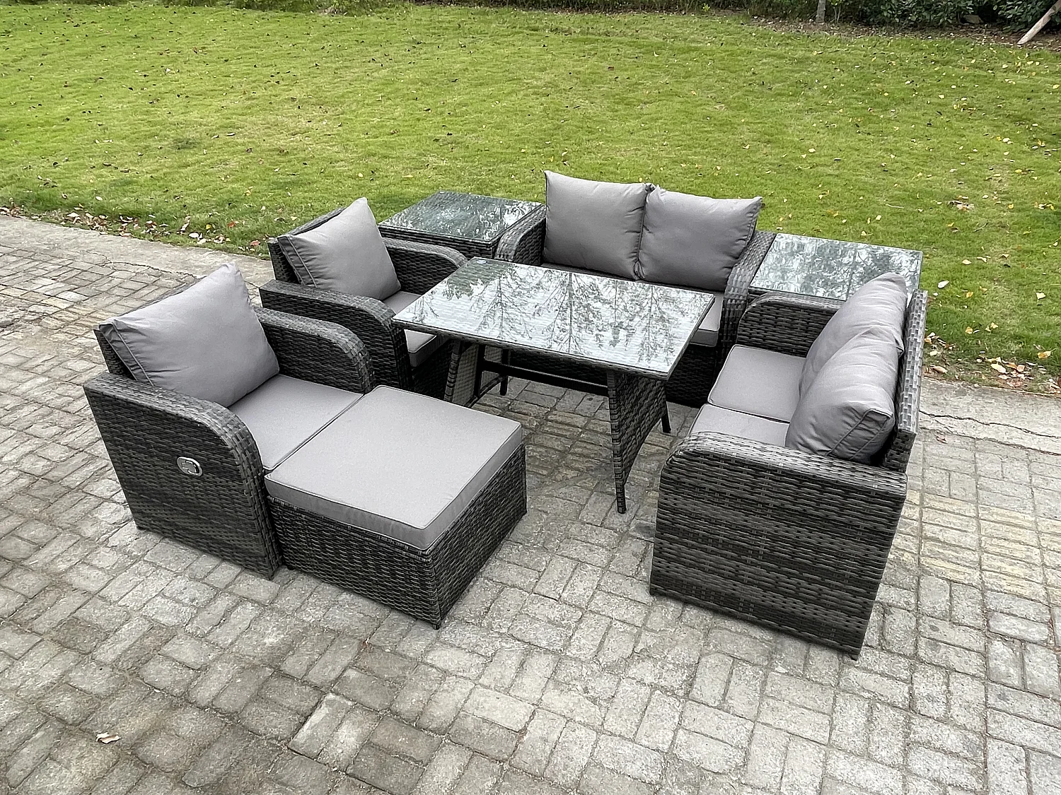 Polyrattan Garten Esstisch Set Gartenmöbel Sofa mit Rechteckiger Esstisch 2 Beistelltischen 2 Großer Hockern Dunkelgrau Gemischt
