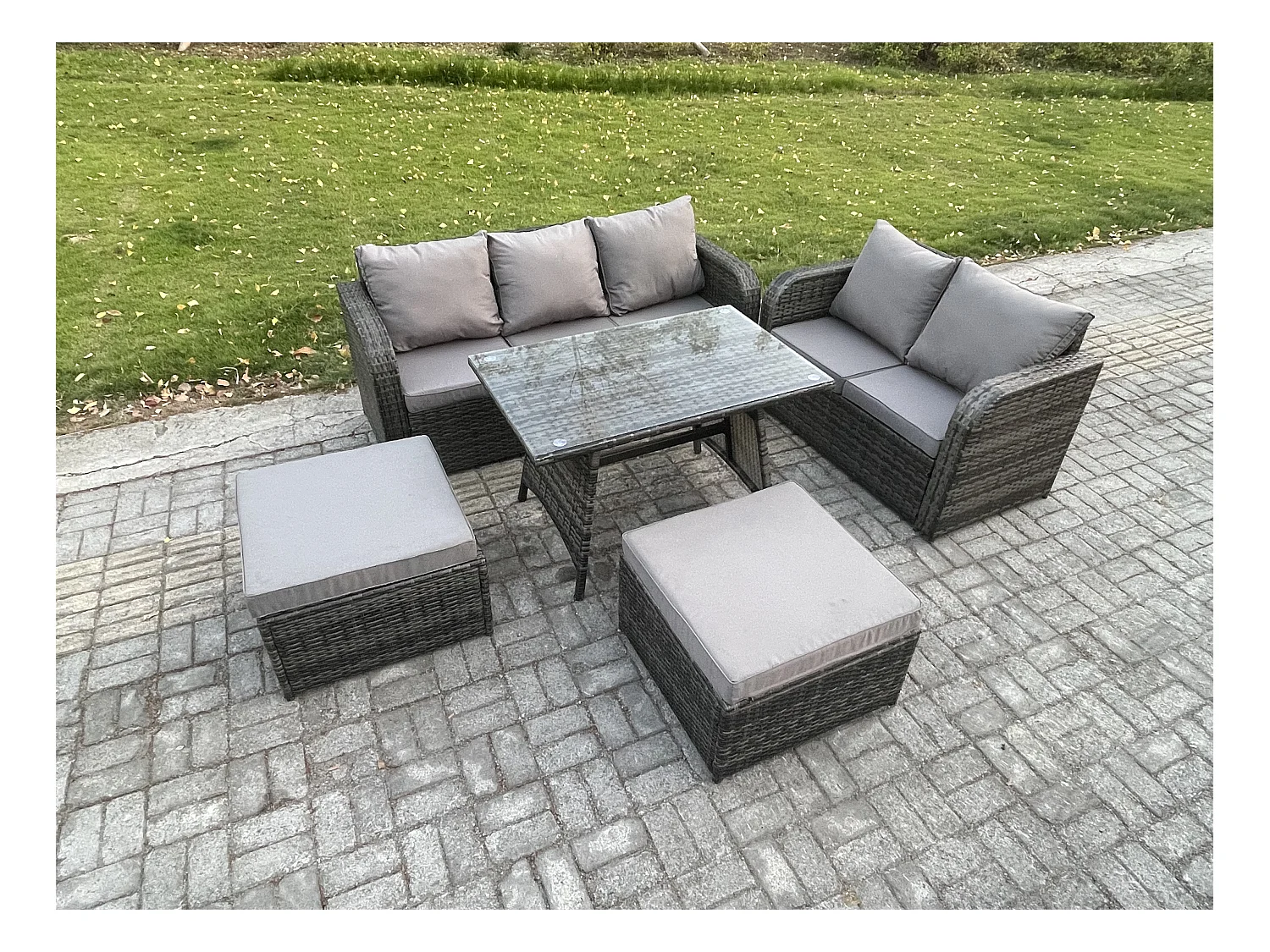 Dossier haut Ensemble de meubles de jardin en rotin Table à manger Set Canapé d'amour Canapé 3 places 2 Grand tabourets