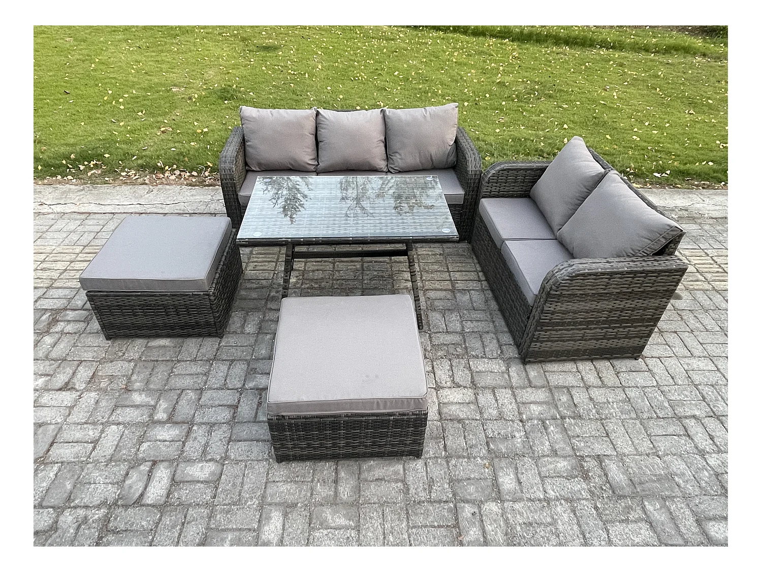 Dossier haut Ensemble de meubles de jardin en rotin Table à manger Set Canapé d'amour Canapé 3 places 2 Grand tabourets