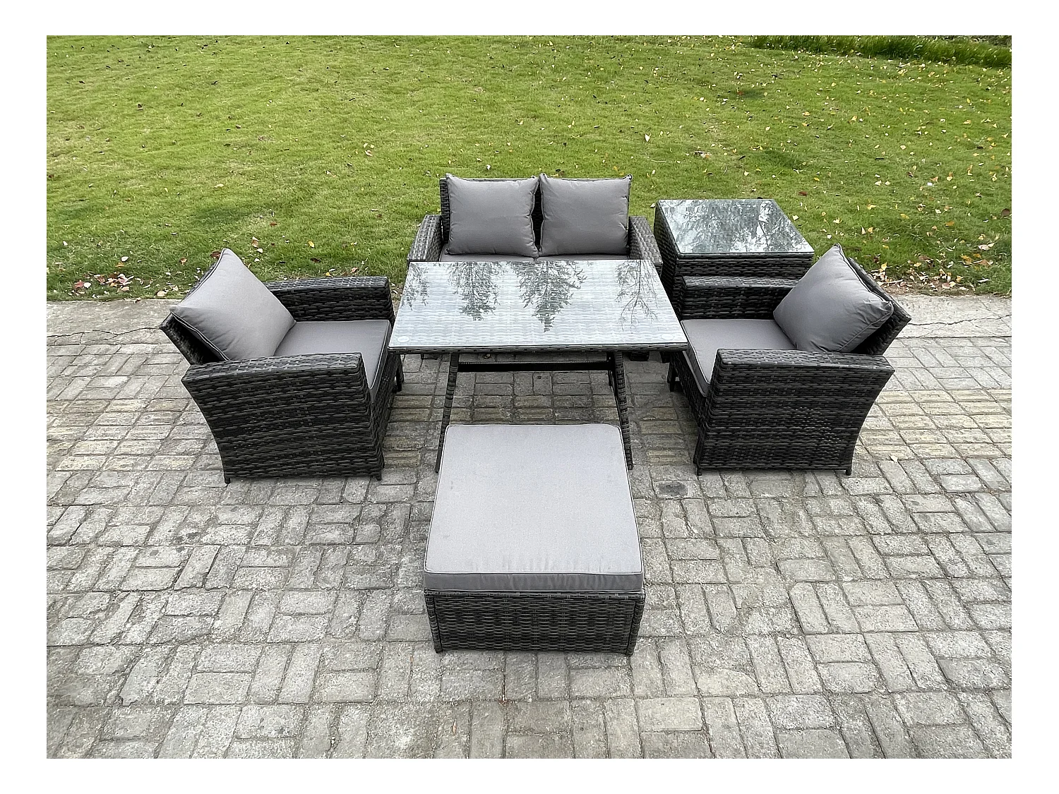 Ensemble de canapé en rotin extérieur avec Table à manger Grand tabouret Table d'appoint Gris foncé mixte