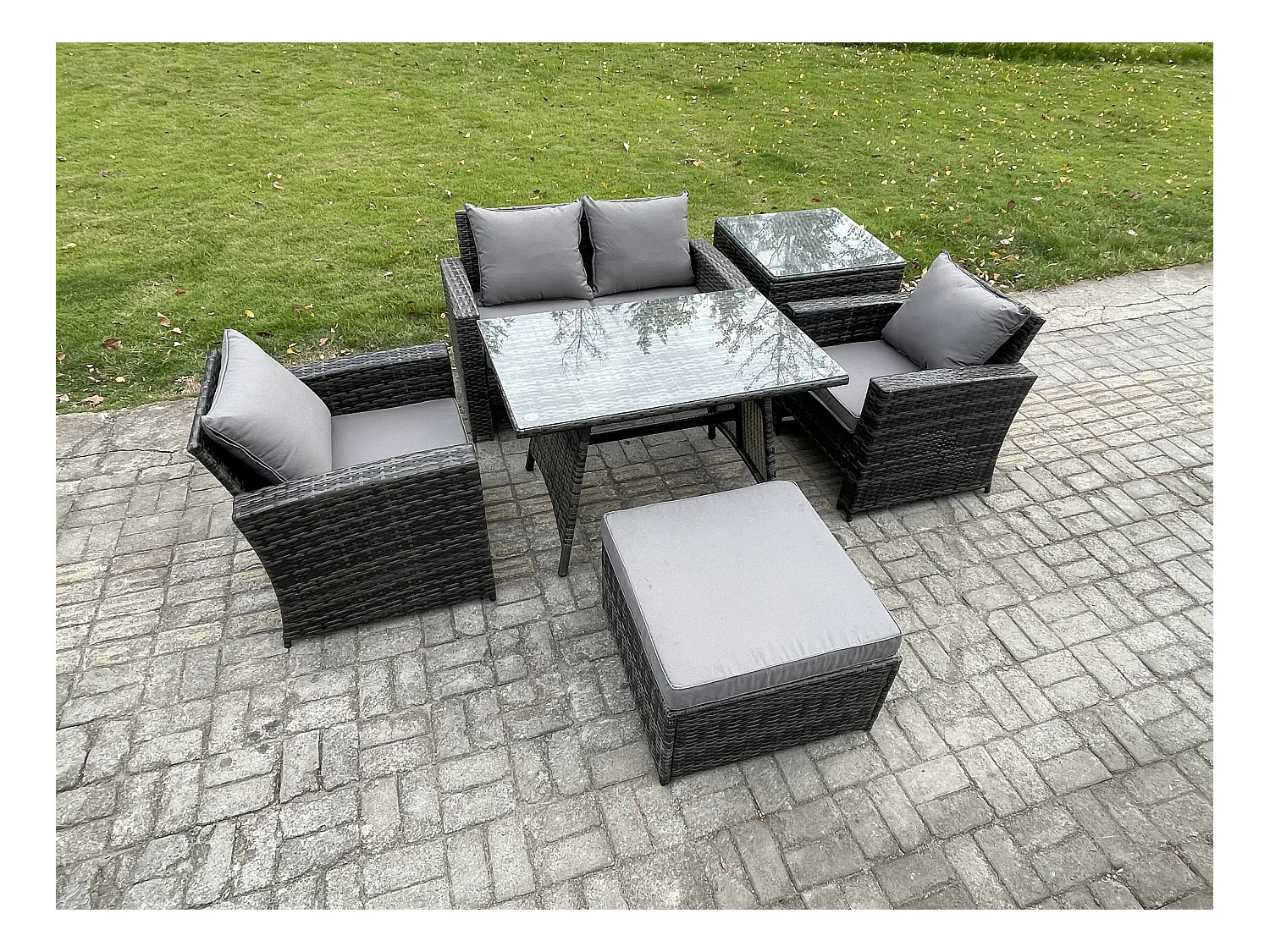 Ensemble de canapé en rotin extérieur avec Table à manger Grand tabouret Table d'appoint Gris foncé mixte