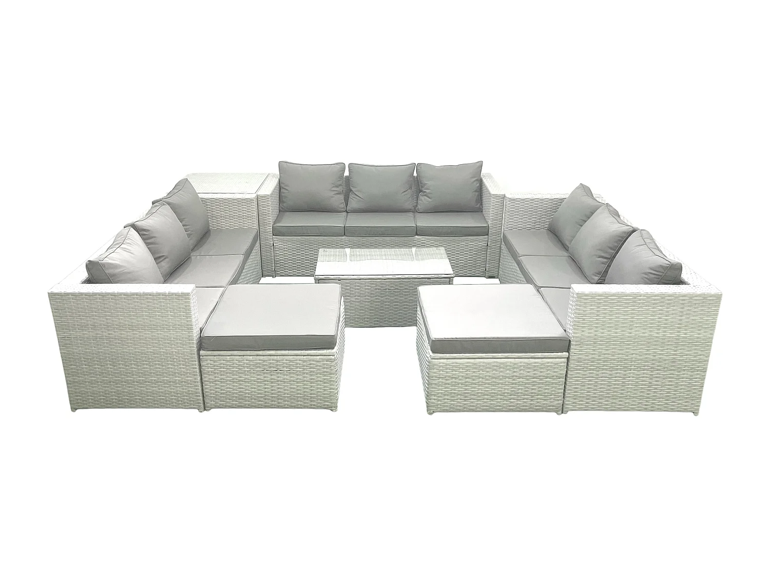 Gartenmöbel im Freien Polyrattan 11-Sitzer Garten Sofa Couchtisch Set mit 2 hohen Hockern Beistelltisch Hellgrau gemischt