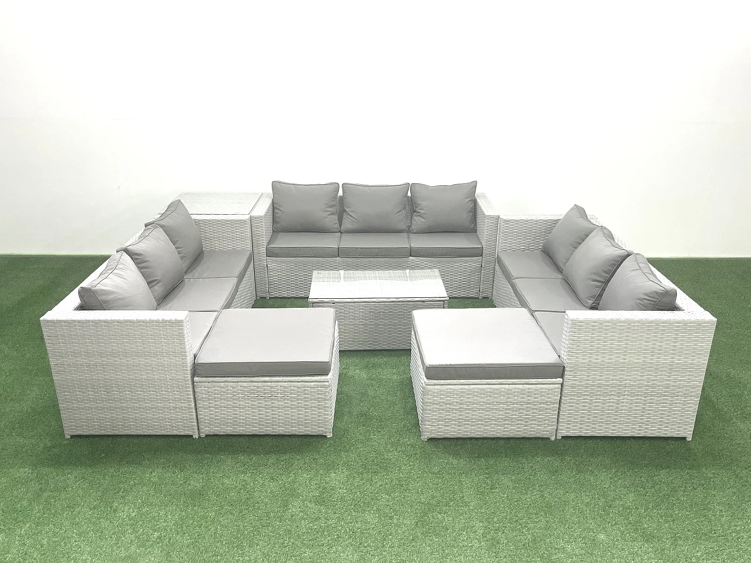 Gartenmöbel im Freien Polyrattan 11-Sitzer Garten Sofa Couchtisch Set mit 2 hohen Hockern Beistelltisch Hellgrau gemischt
