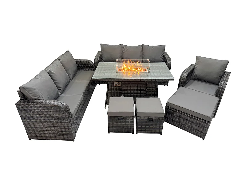 10 places Salon de jardin Table de foyer à gaz Chaise inclinable Canapé 3 places Intérieur Extérieur avec 3 Tabourets