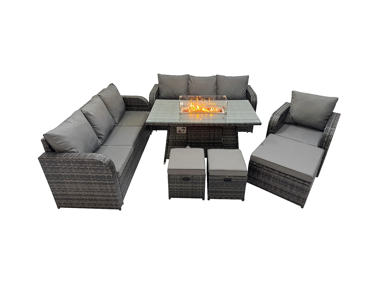 10-Sitzer Polyrattan Gartenmöbel Set Gas Feuerstelle Esstisch Liegestühle 3-Sitzer Sofa Set mit 3 Hockern