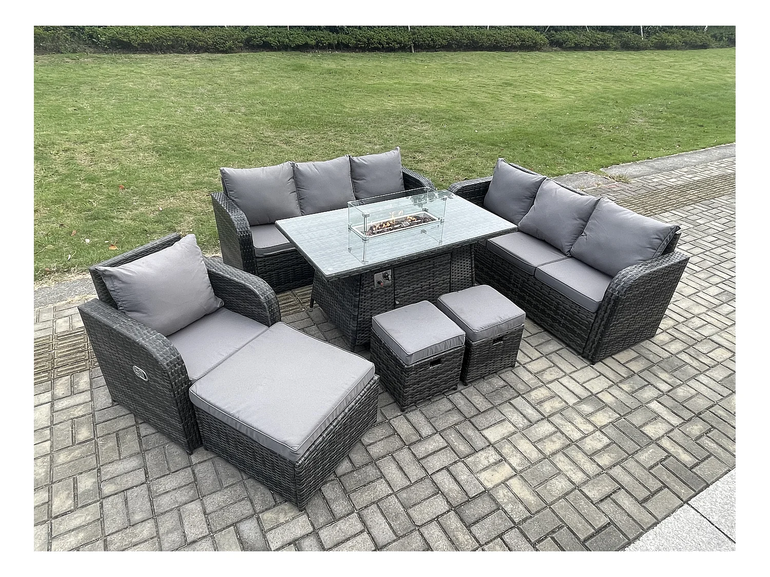10-Sitzer Polyrattan Gartenmöbel Set Gas Feuerstelle Esstisch Liegestühle 3-Sitzer Sofa Set mit 3 Hockern