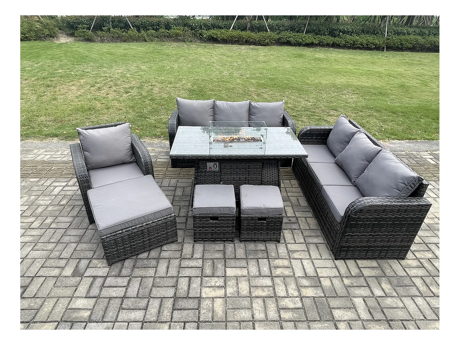 10-Sitzer Polyrattan Gartenmöbel Set Gas Feuerstelle Esstisch Liegestühle 3-Sitzer Sofa Set mit 3 Hockern