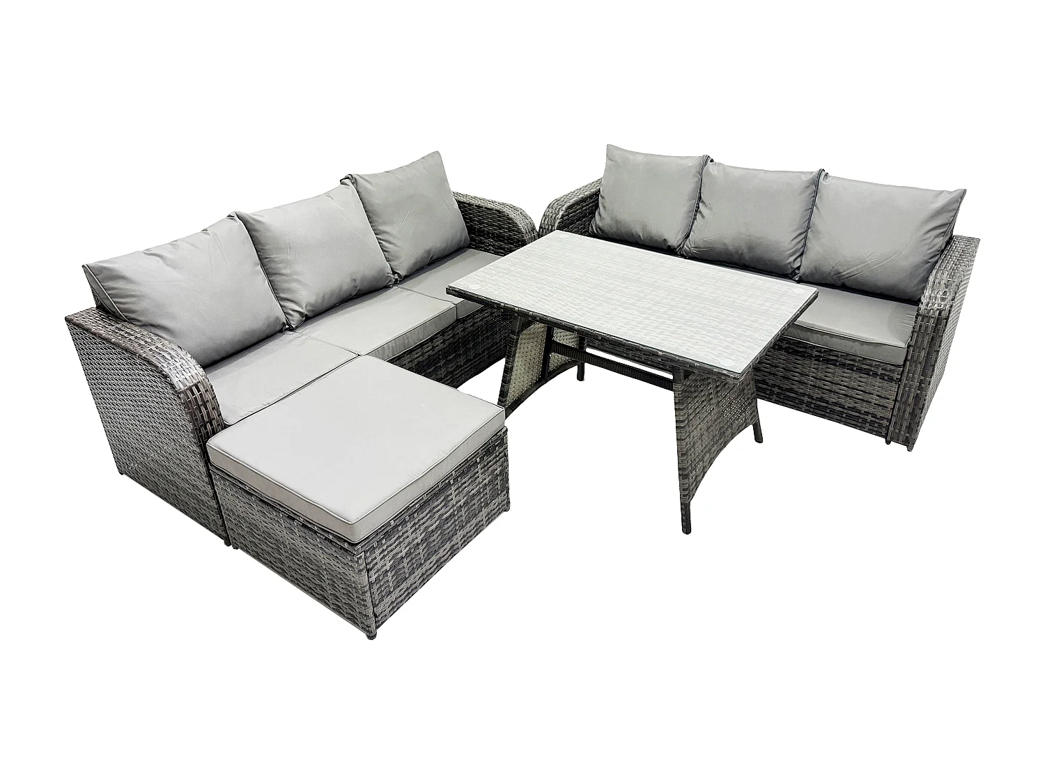 7 places Garden Furniture Canapé Set Table à manger rectangulaire Grand tabouret Intérieur Extérieur Rattan Set Gris foncé mixte