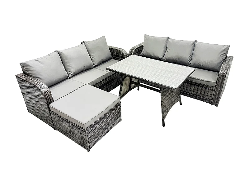 7 places Garden Furniture Canapé Set Table à manger rectangulaire Grand tabouret Intérieur Extérieur Rattan Set Gris foncé mixte