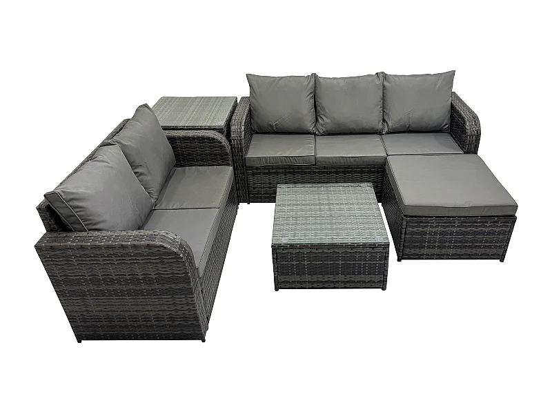 Salon de jardin 6 places Ensemble de canapés en rotin Table basse carrée Grand tabouret Table d'appoint