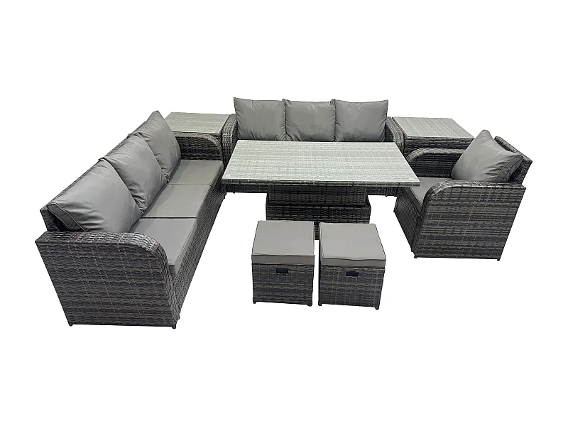 Polyrattan Gartenmöbel-Sets höhenverstellbarer Tisch Sofa Set mit 2 Beistelltischen Liegestühle 2 kleine Fußhockern