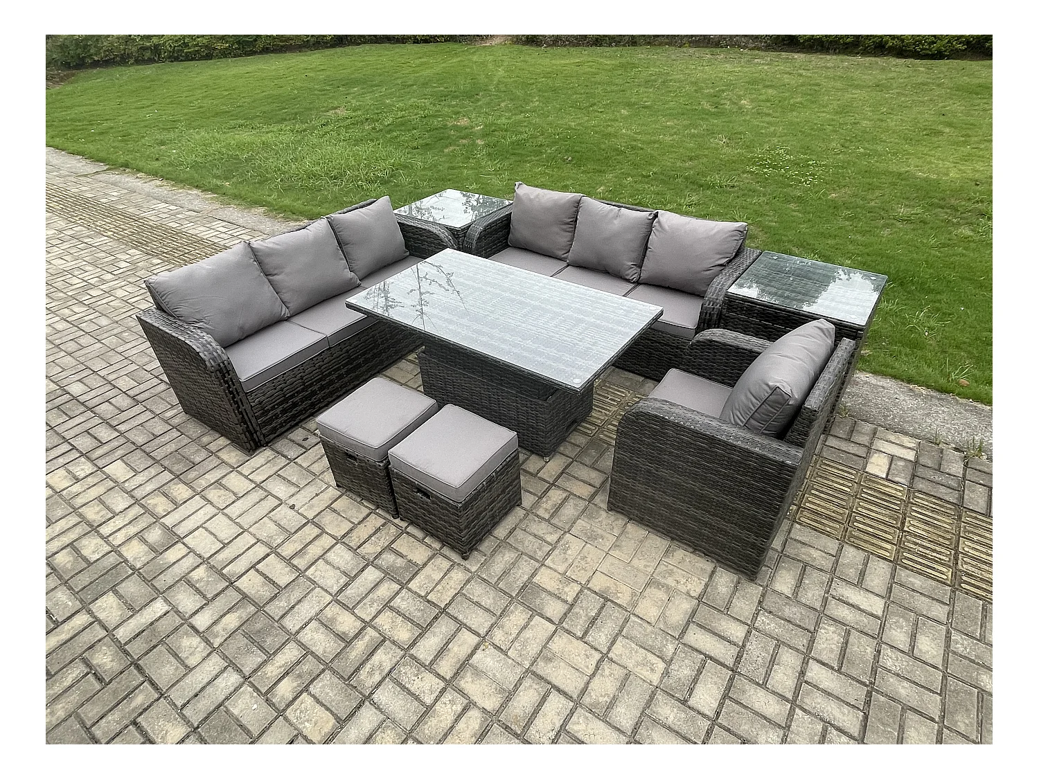Polyrattan Gartenmöbel-Sets höhenverstellbarer Tisch Sofa Set mit 2 Beistelltischen Liegestühle 2 kleine Fußhockern
